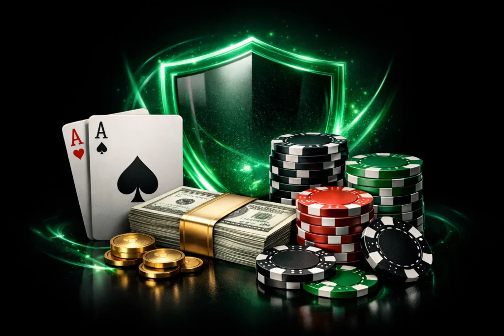 BC Poker Lotto insurance with poker chips, cards and protected buy-in concept in dark green style