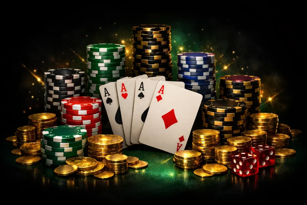 BC Poker Lotto buy-in levels with poker chips, prize atmosphere and green premium lighting